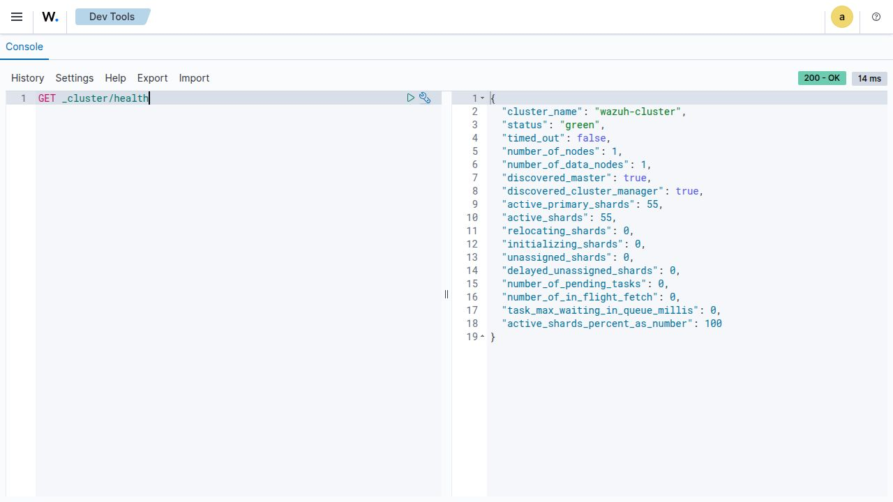 Indexer-Clusterzustand in den Wazuh Dev Tools