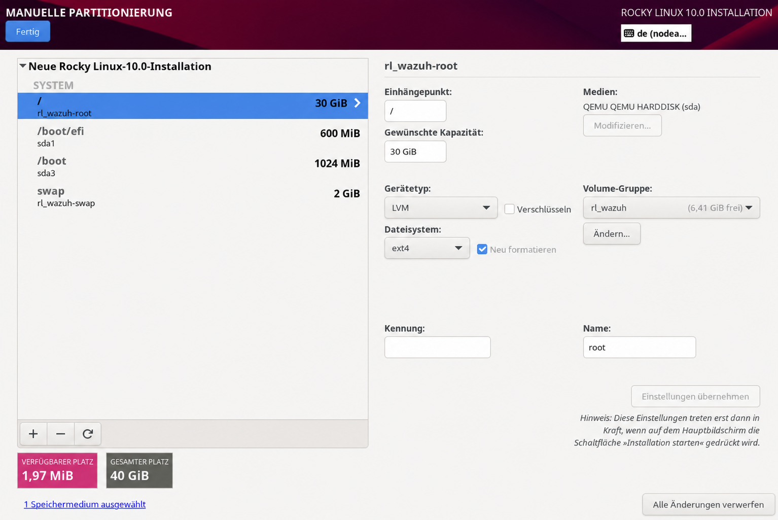 Benutzerdefiniertes LVM-Layout der Systemdisk